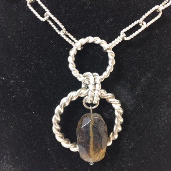 Silver Toned Circles Rectangles Smoky Quartz Stone Chain Adjustable Necklace - Picture 2 of 6